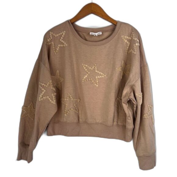 Olive + Oak Tan Cropped Scoop Neck Puffy Star Pullover Sweater Size Medium - Picture 1 of 11